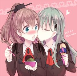 Rule 34 | 10s, 2girls, :o, aqua eyes, aqua hair, ascot, blazer, blush, brown hair, brown jacket, collared shirt, couple, dated, embarrassed, closed eyes, female focus, food, green hair, hair between eyes, hair ornament, hairclip, heart, holding, holding food, holding ice cream, holding spoon, ice cream, jacket, kabocha torute, kantai collection, kumano (kancolle), licking, long hair, long sleeves, looking at another, multiple girls, neck, nose blush, open mouth, pink background, ponytail, school uniform, shirt, shy, spoon, surprised, suzuya (kancolle), twitter username, upper body, yuri