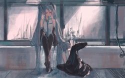 Rule 34 | 2girls, aqua necktie, bare shoulders, black jacket, black legwear, black sleeves, blue eyes, blue hair, cable, commentary, crossed legs, detached sleeves, dual persona, genn 00o, grey shirt, hair ornament, hatsune miku, highres, jacket, light smile, long hair, looking at another, multiple girls, necktie, on floor, shirt, sitting, sleeveless, sleeveless shirt, thighhighs, twintails, very long hair, vocaloid