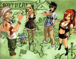 Rule 34 | 2boys, 2girls, belt, black hair, blonde hair, boots, bracelet, breasts, brown eyes, bustier, cat, cleavage, dress, erza scarlet, fairy tail, gray fullbuster, hair ribbon, happy (fairy tail), jewelry, large breasts, lingerie, long hair, lucy heartfilia, map, mashima hiro, medium breasts, midriff, miniskirt, multiple boys, multiple girls, muscular, natsu dragneel, pink hair, red hair, ribbon, shirt, short hair, skirt, tattoo, thighhighs, underwear