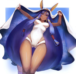 Rule 34 | 1girl, animal ears, breasts, cameltoe, competition swimsuit, dark-skinned female, dark skin, earrings, fate/grand order, fate (series), jackal ears, jewelry, kakumayu, long hair, looking at viewer, nitocris (fate), nitocris (fate/grand order), nitocris (swimsuit assassin) (fate), nitocris (swimsuit assassin) (second ascension) (fate), one-piece swimsuit, purple eyes, purple hair, revision, smile, solo, swimsuit, very long hair