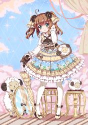 Rule 34 | 1girl, absurdres, ahoge, brown hair, closed umbrella, dress, frilled dress, frills, green eyes, highres, holding, horns, lolita fashion, looking at viewer, north abyssor, original, pantyhose, parasol, planted, planted umbrella, sheep, sheep horns, shoes, smile, solo, twintails, umbrella, white pantyhose