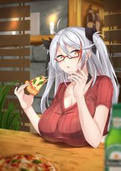 Rule 34 | 1girl, absurdres, ahoge, alcohol, alternate costume, azur lane, black ribbon, bra visible through clothes, breast rest, breasts, breasts on table, brown eyes, candle, cheese, choker, cleavage, commentary request, eating, food, hair between eyes, hair ribbon, highres, holding, holding food, holding pizza, indoors, j yak47, large breasts, long hair, looking to the side, multicolored hair, open mouth, pizza, plant, prinz eugen (azur lane), red-framed eyewear, red shirt, ribbed shirt, ribbon, shirt, short sleeves, silver hair, solo, streaked hair, table, two side up, window