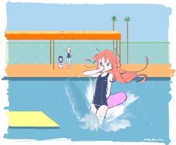 Rule 34 | 3girls, a bigger splash, ahoge, antenna hair, arm behind back, artist name, barefoot, blonde hair, blue eyes, blue hair, blush stickers, chain-link fence, fence, fine art parody, flat color, flip flappers, full body, grid, hand on own hip, holding nose, jitome, kickboard, kokomine cocona, hugging own legs, long hair, looking at another, looking at viewer, mebachi, multicolored hair, multiple girls, old school swimsuit, one-piece swimsuit, orange hair, outdoors, palm tree, papika (flip flappers), parody, partially submerged, pool, school swimsuit, short hair, signature, sitting, smile, splashing, standing, streaked hair, swimsuit, tareme, tree, water, yayaka, | |