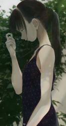 Rule 34 | 1girl, arm at side, bare shoulders, black hair, blurry, bra, bra peek, closed mouth, dappled sunlight, day, depth of field, dress, eyelashes, from side, frown, hair ornament, hair scrunchie, hand up, highres, holding, holding hair, junito715, looking at hand, looking away, nature, original, plant, ponytail, pout, print dress, profile, scrunchie, signature, sleeveless, sleeveless dress, solo, sunlight, underwear, upper body