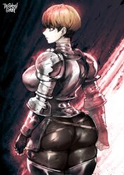 Rule 34 | 1girl, armor, artist name, ass, breasts, brown eyes, brown hair, d&#039;arce (fear &amp; hunger), fear &amp; hunger, female knight, fingerless gloves, gloves, highres, knight, large breasts, pantylines, pixie cut, short hair, skin tight, solo, the golden smurf, thick thighs, thighs