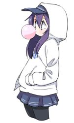 Rule 34 | 10s, 1girl, akatsuki (kancolle), alternate costume, black pantyhose, blowing bubbles, chewing gum, commentary request, flat cap, from side, hand in pocket, hat, hood, hooded jacket, hoodie, jacket, kantai collection, pantyhose, pleated skirt, purple eyes, purple hair, simple background, skirt, solo, tonmoh, white background