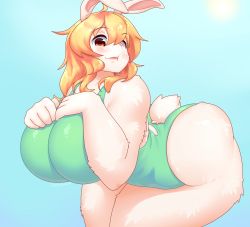 Rule 34 | absurdres, ahoge, bikini, brown eyes, day, furry, furry female, green one-piece swimsuit, highres, one-piece swimsuit, orange hair, outdoors, sky, solo, standing, sun, swimsuit, thighs
