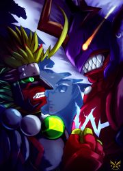 Rule 34 | 3boys, angry, artist request, aura, blonde hair, boutmon, clenched hands, clenched teeth, demon, digimon, digimon (creature), fingerless gloves, gloves, glowing, glowing eyes, green eyes, grin, highres, horns, large pectorals, looking to the side, manly, mask, multiple boys, muscular, pectorals, pointy ears, sharp teeth, shroudmon, size difference, smile, standing, teeth, upper body