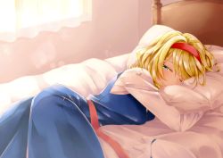 Rule 34 | 1girl, alice margatroid, bed, blonde hair, blue eyes, closed mouth, hairband, long sleeves, looking at viewer, lying, megumiya, on bed, on stomach, one eye closed, pillow, red hairband, short hair, smile, solo, touhou