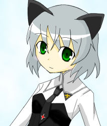 Rule 34 | 00s, 1girl, animal ears, bad anatomy, cat ears, green eyes, kuronekoalice (alice syndrome), light smile, military, necktie, poorly drawn, sanya v. litvyak, short hair, silver hair, simple background, solo, strike witches, world witches series