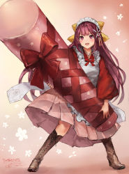 Rule 34 | 1girl, :d, boots, cross-laced footwear, dated, hakama, hakama skirt, highres, japanese clothes, kamikaze (kancolle), kantai collection, lace-up boots, legs apart, long hair, maid, open mouth, purple eyes, purple hair, skirt, smile, solo, sunrise stance, toka (marchlizard), wa maid