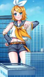 Rule 34 | 1girl, absurdres, aircraft, airplane, bare shoulders, belt, black sailor collar, black shorts, blonde hair, blue eyes, blue sky, blurry, blurry foreground, blush, bow, building, cityscape, cloud, collarbone, commentary request, cowboy shot, crop top, day, detached sleeves, giant, giantess, groin, hair bow, hair ornament, hairclip, hand on own hip, highres, inu8neko, kagamine rin, leaning on object, looking at viewer, midriff, navel, neckerchief, reflection, sailor collar, shirt, short hair, short shorts, shorts, sidelocks, sky, skyscraper, sleeveless, sleeveless shirt, smile, solo, standing, swept bangs, vocaloid, white shirt, yellow belt, yellow neckerchief