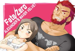Rule 34 | 2boys, androgynous, bandages, beard, black eyes, black hair, bob cut, bruise, casual, character name, copyright name, crossed arms, dutch angle, facial hair, fate/stay night, fate/zero, fate (series), haizumi, height difference, injury, iskandar (fate), male focus, multiple boys, parted bangs, red eyes, red hair, shirt, size difference, t-shirt, waver velvet