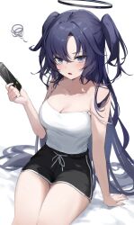 Rule 34 | 1girl, absurdres, black shorts, blue archive, blue eyes, breasts, camisole, cellphone, cleavage, dolphin shorts, dorook, drawstring, halo, highres, holding, holding phone, long hair, looking at viewer, mechanical halo, medium breasts, off shoulder, open mouth, phone, purple hair, shorts, simple background, smartphone, solo, strap slip, two side up, white background, yuuka (blue archive)