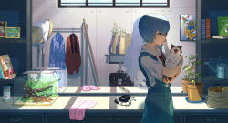 Rule 34 | 1girl, absurdres, animal, aquarium, ayanami rei, blue hair, blue skirt, book, briefcase, cassette player, cat, closed mouth, clothes, clothes hanger, clothes rack, commentary, cowboy shot, different reflection, english commentary, evangelion: 3.0+1.0 thrice upon a time, fish, fish food, hat, unworn headwear, highres, holding, holding animal, holding cat, indoors, light rays, long hair, neck ribbon, neckerchief, neon genesis evangelion, onion, painting (object), picture frame, plant, potato, potted plant, rebuild of evangelion, red eyes, red neckerchief, reflection, ribbon, sack, scarf, unworn scarf, school uniform, shade, shirt, short hair, short sleeves, skirt, smile, unworn socks, solo, sun hat, sunbeam, sunlight, suspender skirt, suspenders, tokyo-3 middle school uniform, tsukimoritsuki, watering can, white shirt, window