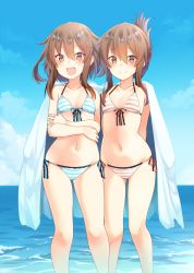 Rule 34 | 10s, 2girls, :d, arms behind back, bikini, blue bikini, blue sky, breasts, brown eyes, brown hair, closed mouth, crossed arms, day, fang, front-tie bikini top, front-tie top, hair between eyes, hair ornament, hairclip, highres, horizon, ikazuchi (kancolle), inazuma (kancolle), kantai collection, multiple girls, navel, open mouth, outdoors, pink bikini, short hair, side-tie bikini bottom, sidelocks, sky, small breasts, smile, standing, stomach, striped bikini, striped clothes, suruga (xsurugax), swimsuit, towel, towel around neck