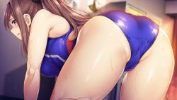 Rule 34 | 1girl, all fours, ass, bare arms, bare legs, bare shoulders, blue eyes, blurry, blurry background, blush, breasts, brown hair, cameltoe, competition swimsuit, female focus, from behind, game cg, groin, gym storeroom, high ponytail, indoors, large breasts, legs, likexlove totsukawa hikaru, long hair, looking back, one-piece swimsuit, original, parted lips, pussy, shouji nigou, solo, sweat, swimsuit, thighs, totsukawa hikaru