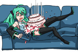 Rule 34 | 1girl, ahoge, aqua eyes, aqua hair, birthday cake, black thighhighs, blue upholstery, boots, breasts, cake, couch, detached sleeves, food, hair ornament, hatsune miku, kiriririn, long hair, messy, necktie, open mouth, pleated skirt, skirt, small breasts, solo, surprised, thigh boots, thighhighs, twintails, vocaloid