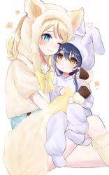 Rule 34 | 2girls, age difference, aged down, animal costume, animal hood, ayase eli, blonde hair, blue eyes, blue hair, blush, cosplay, hair between eyes, highres, hood, hood up, hug, kigurumi, long hair, looking at another, love live!, love live! school idol project, multiple girls, one eye closed, ponytail, rabbit costume, rabbit hood, simple background, sitting, sitting on lap, sitting on person, smile, sonoda umi, white background, wolf costume, yellow eyes