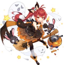 Rule 34 | &gt; &lt;, 1girl, alternate costume, antenna hair, azur lane, bailey (azur lane), bailey (trickster black rabbit) (azur lane), basket, black bow, black pantyhose, blush, bow, breasts, broom, broom riding, candy, cleavage, dango remi, eyepatch, food, full body, ghost, hair bow, lollipop, long hair, looking at viewer, official art, pantyhose, parted lips, ponytail, red eyes, red hair, small breasts, smile, smug, solo, stuffed animal, stuffed rabbit, stuffed toy, transparent background, very long hair