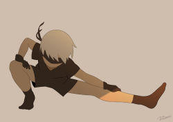 Rule 34 | 1boy, 9s (nier:automata), artist name, blindfold, full body, gloves, male focus, nier, nier:automata, nier (series), no shoes, noeyebrow (mauve), shorts, simple background, socks, solo, stretching