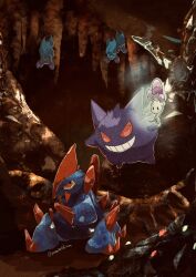 Rule 34 | artist name, bat (animal), cave interior, colored sclera, commentary request, creatures (company), game freak, gem, gen 1 pokemon, gen 5 pokemon, gen 7 pokemon, gengar, gigalith, grin, hanging, highres, morelull, mushroom, nintendo, no humans, pokemon, pokemon (creature), red eyes, smile, solid oval eyes, stalactite, teeth, twitter username, upside-down, yellow sclera, zozozoshion, zubat