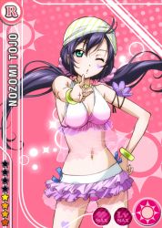 Rule 34 | 10s, 1girl, aqua eyes, bikini, blowing kiss, blush, bow, bracelet, breasts, card (medium), cleavage, flower, frilled skirt, frills, halterneck, halterneck, hand on own hip, heart, heart tattoo, jewelry, leg tattoo, love live!, love live! school idol festival, love live! school idol project, low twintails, medium breasts, natsuiro egao de 1 2 jump!, navel, necklace, official art, one eye closed, open mouth, pink background, pointing, pointing at viewer, purple hair, scrunchie, see-through, skirt, solo, star (symbol), sun, swimsuit, tattoo, tojo nozomi, twintails