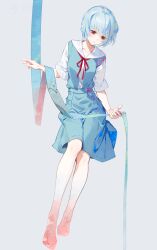 Rule 34 | absurdres, ayanami rei, barefoot, blue hair, blue skirt, blue vest, collarbone, expressionless, full body, grey background, highres, holding, holding ribbon, liil0168, looking down, neck ribbon, neon genesis evangelion, red eyes, red ribbon, ribbon, sailor collar, school uniform, shirt, short hair, simple background, skirt, tokyo-3 middle school uniform, vest, white shirt