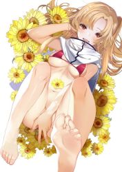 Rule 34 | 1girl, azur lane, barefoot, bikini, blonde hair, blush, breasts, capelet, cleveland (azur lane), commentary, covering privates, covering crotch, feet, flower, hair between eyes, hand in own hair, legs up, long hair, looking at viewer, mako (makoda), navel, one side up, open mouth, parted bangs, red bikini, red eyes, small breasts, smile, soles, solo, stomach, sunflower, swimsuit, thighs, toes