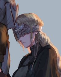Rule 34 | 1girl, 1other, armor, ashen one (dark souls 3), blonde hair, breastplate, breasts, closed mouth, covered eyes, dark souls (series), dark souls iii, facing another, fire keeper, grey background, helm, helmet, highres, jiro (ninetysix), long hair, long sleeves, mask, simple background