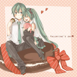 Rule 34 | 1boy, 1girl, boots, detached sleeves, closed eyes, genderswap, genderswap (ftm), green eyes, green hair, hatsune miku, hatsune mikuo, headset, heart, high heels, long hair, mitsuka, necktie, open mouth, shoes, sitting, skirt, thigh boots, thighhighs, valentine, very long hair, vocaloid