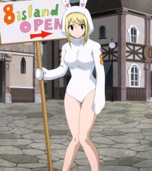 Rule 34 | 1girl, animal ears, blonde hair, bodysuit, breasts, brown eyes, rabbit ears, cosplay, fairy tail, female focus, highres, large breasts, lucy heartfilia, mascot, placard, screencap, sign, skin tight, solo, standing, stitched, third-party edit
