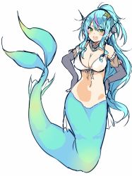 Rule 34 | 1girl, :d, bare shoulders, bikini, black gloves, blue hair, blush, breasts, cleavage, elbow gloves, fins, full body, gloves, green eyes, hands on own hips, head fins, highres, jewelry, long hair, looking at viewer, mermaid, monster girl, multicolored hair, navel, necklace, open mouth, original, ponytail, simple background, smile, solo, streaked hair, suruga (xsurugax), swimsuit, very long hair, white background, white bikini