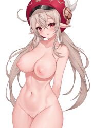 1girl aged_up ahoge blonde_hair blush breasts cleft_of_venus collarbone completely_nude cowboy_shot genshin_impact hair_between_eyes hat highres klee_(genshin_impact) large_breasts light_brown_hair long_hair looking_at_viewer low_twintails navel nipples nude pinkcap pointy_ears pussy red_eyes red_hat sidelocks solo thighs twintails uncensored