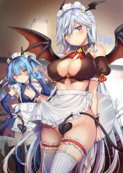 Rule 34 | 2girls, :o, apron, apron lift, artist name, bare shoulders, black wings, blue thighhighs, blush, braid, breasts, bridal garter, bridal gauntlets, brown vest, cleavage, cleavage cutout, closed mouth, clothes lift, clothing cutout, copyright request, covered erect nipples, covering crotch, covering privates, dated, demon girl, demon horns, demon tail, demon wings, detached sleeves, frilled apron, frills, frown, gem, groin, hand on own hip, head wings, heterochromia, highres, holding, holding tray, horns, large breasts, lifting own clothes, long hair, looking at viewer, maid headdress, multiple girls, no panties, parted lips, pointy ears, puffy short sleeves, puffy sleeves, purple eyes, shibi, short sleeves, silver hair, small breasts, straight hair, striped clothes, striped legwear, striped thighhighs, tail, thighhighs, tray, twin braids, two side up, v-shaped eyebrows, vertical-striped clothes, vertical-striped legwear, vertical-striped thighhighs, very long hair, vest, waist apron, waitress, white apron, white legwear, wings, wrist cuffs, yellow eyes