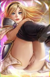 Rule 34 | 1girl, :q, anus, ass, blonde hair, blue eyes, cleft of venus, clothes pull, hairband, highres, league of legends, long hair, lux (league of legends), pants, pants pull, pussy, robert knight, solo, tongue, tongue out, uncensored