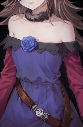 Rule 34 | 1girl, arms at sides, black background, breasts, close-up, collarbone, commentary request, detached collar, dress, flower, head out of frame, highres, inaeda kei, long hair, off-shoulder dress, off shoulder, parted lips, purple dress, purple flower, purple rose, red sleeves, rice shower (umamusume), rose, simple background, small breasts, solo, teeth, umamusume