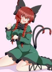 Rule 34 | 1girl, :d, animal ears, black bow, blush, bow, braid, cat ears, cat tail, dress, fang, hair bow, highres, kaenbyou rin, multiple tails, open mouth, paw pose, pink background, red eyes, red hair, seo haruto, smile, solo, tail, touhou, twin braids, two tails