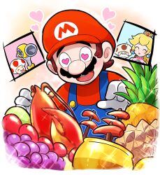 Rule 34 | 1girl, 4boys, blonde hair, blue overalls, brown hair, commentary, crown, durian, earrings, f.l.u.d.d., facial hair, food, fruit, gloves, grapes, hoshi (star-name2000), jewelry, lobster, long hair, male focus, mario, mario (series), multiple boys, mustache, nintendo, overalls, pineapple, princess peach, red shirt, red toad (mario), shirt, short hair, super mario sunshine, toad (mario), toadsworth