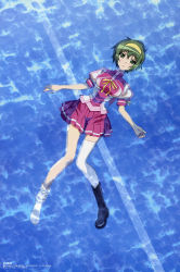 Rule 34 | 00s, 1girl, absurdres, afloat, aizawa sumie, amachi matsuri, boots, comp h&#039;s, from above, green eyes, green hair, hairband, highres, legs, matching hair/eyes, non-web source, official art, pool, school uniform, shoes, short hair, single shoe, skirt, solo, thighhighs, water, wet, wet clothes, yotsunoha