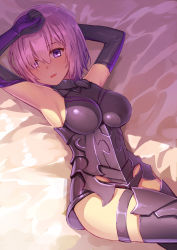 Rule 34 | 1girl, absurdres, armor, armored dress, armpits, arms up, bed sheet, black thighhighs, breasts, commentary request, elbow gloves, eyes visible through hair, fate/grand order, fate (series), glasses, gloves, hair over one eye, highres, kibamigohann, large breasts, looking at viewer, lying, mash kyrielight, on back, purple eyes, purple hair, purple legwear, short hair, solo, thigh strap, thighhighs, thighs