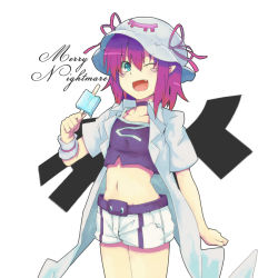 Rule 34 | 1girl, candy, character name, choker, fang, food, fujimako, gradient hair, green eyes, hat, highres, lollipop, merry nightmare, midriff, multicolored hair, navel, one eye closed, open mouth, pink hair, pointy ears, purple hair, short hair, shorts, simple background, solo, white background, wink, yumekui merry, yumkui merry