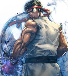 Rule 34 | 1boy, aura, black hair, boyaking, clenched hand, closed mouth, commentary request, constricted pupils, dougi, from behind, gloves, green eyes, headband, looking back, male focus, muscular, muscular male, red gloves, ryu (street fighter), sash, short hair, sleeveless, solo, street fighter, torn clothes, torn sleeves, upper body, veins