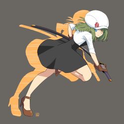 Rule 34 | 1girl, afterimage, black dress, blue eyes, brown footwear, brown gloves, cabbie hat, closed mouth, cropped jacket, dress, full body, gloves, green hair, grey background, hat, high heels, holding, holding sword, holding weapon, jacket, katana, long hair, long sleeves, looking at viewer, muu (mumumer), open clothes, open jacket, original, running, sheath, sheathed, shoes, solo, sword, weapon, white hat, white jacket, yunomiya agari