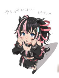 Rule 34 | 1girl, ahoge, belt, belt collar, black belt, black footwear, black hair, black jacket, black skirt, blue eyes, blush, bra, clenched hands, collar, commentary, demon girl, demon horns, earrings, flat chest, from above, full body, hair ribbon, hands on own cheeks, hands on own face, highres, horns, jacket, jewelry, long hair, long sleeves, looking at viewer, lower teeth only, medium bangs, multicolored hair, nanashi inc., off shoulder, oinomori may, oinomori may (1st costume), one side up, open mouth, pink bra, pink hair, pink ribbon, pink socks, pleated skirt, pointy ears, ribbon, shoes, simple background, single earring, skirt, socks, solo, standing, sweatdrop, teeth, translation request, two-tone hair, underwear, virtual youtuber, white background, zokuojiichan