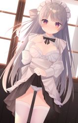 Rule 34 | 1girl, blush, bow, bow bra, bra, breasts, clothes lift, cowboy shot, koori, lifted by self, long hair, looking at viewer, maid, maid headdress, medium breasts, multicolored eyes, original, panties, purple eyes, skirt, skirt lift, smile, solo, standing, thighhighs, underwear, white bra, white panties, white thighhighs