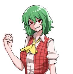Rule 34 | 1girl, ascot, breasts, collared shirt, commentary, english commentary, green hair, highres, kazami yuuka, looking at viewer, mata (matasoup), medium breasts, open clothes, open vest, plaid, plaid vest, red eyes, red vest, sanpaku, sharp teeth, shirt, simple background, sleeves rolled up, solo, teeth, touhou, tsurime, upper body, vest, white background, white shirt, yellow ascot