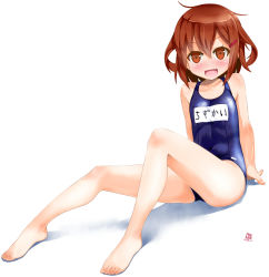 Rule 34 | 10s, 1girl, bad id, bad pixiv id, bare legs, barefoot, blush, brown eyes, brown hair, fang, feet, female focus, full body, hair ornament, hairclip, highres, ikazuchi (kancolle), kantai collection, legs, looking at viewer, one-piece swimsuit, open mouth, school swimsuit, short hair, simple background, solo, swimsuit, weshika, white background