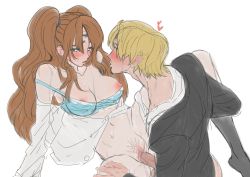 Rule 34 | 1boy, 1girl, absurdres, beard, blonde hair, blush, breasts, breasts out, brown hair, charlotte pudding, extra eyes, facial hair, heart, hetero, highres, legs apart, missionary, mustache, one piece, penis, pubic hair, rita ya, sanji (one piece), sex, socks, sweat, tears, third eye, twintails, undressing