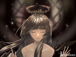 Rule 34 | 1girl, ahoge, arknights, artist name, bare shoulders, black halo, black wings, blunt bangs, blurry, blurry background, broken halo, chinese commentary, chinese text, closed eyes, closed mouth, collarbone, commentary request, counting, dark, dark halo, depth of field, detached wings, energy wings, eyelashes, facing viewer, finger counting, fingernails, floating hair, halo, highres, hime cut, implied nudity, light particles, light smile, lips, long fingernails, long hair, mole, mole under eye, open hand, outstretched hand, palms, portrait, sidelocks, solo, spotlight, v, virtuosa (arknights), weibo 6000598659, weibo logo, weibo watermark, wings